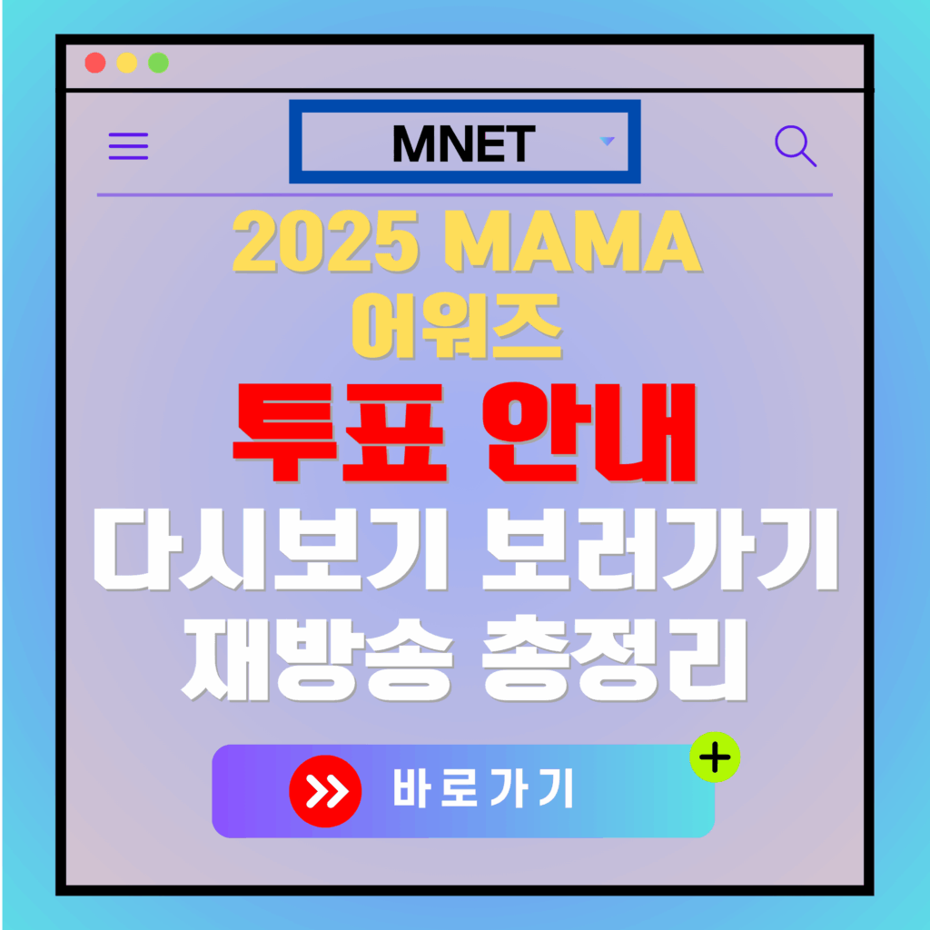 2025 MAMA 어워즈 투표 안내 이미지. "투표 안내", "다시보기 보러가기", "재방송 총정리" 텍스트 포함.