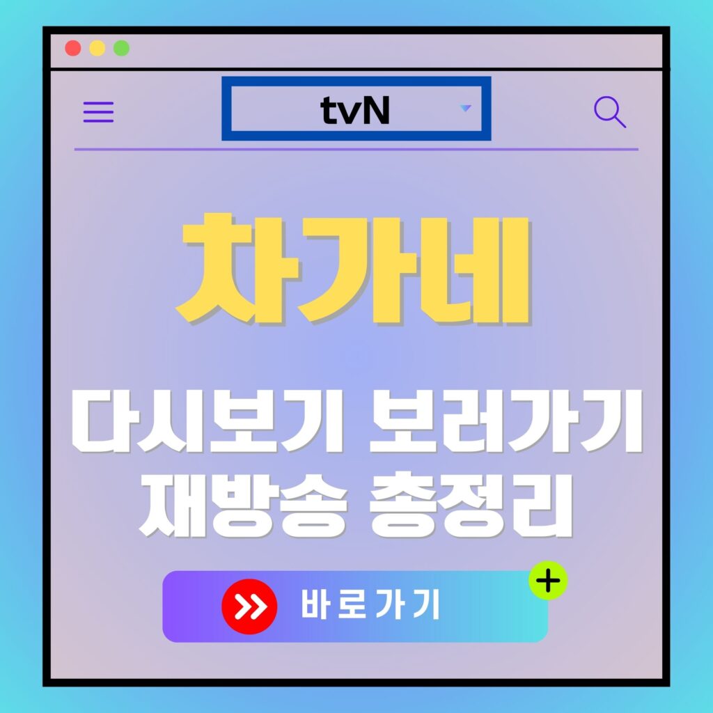 차가네 다시보기, 재방송 안내 이미지. tvN 채널 로고와 바로가기 버튼 포함.