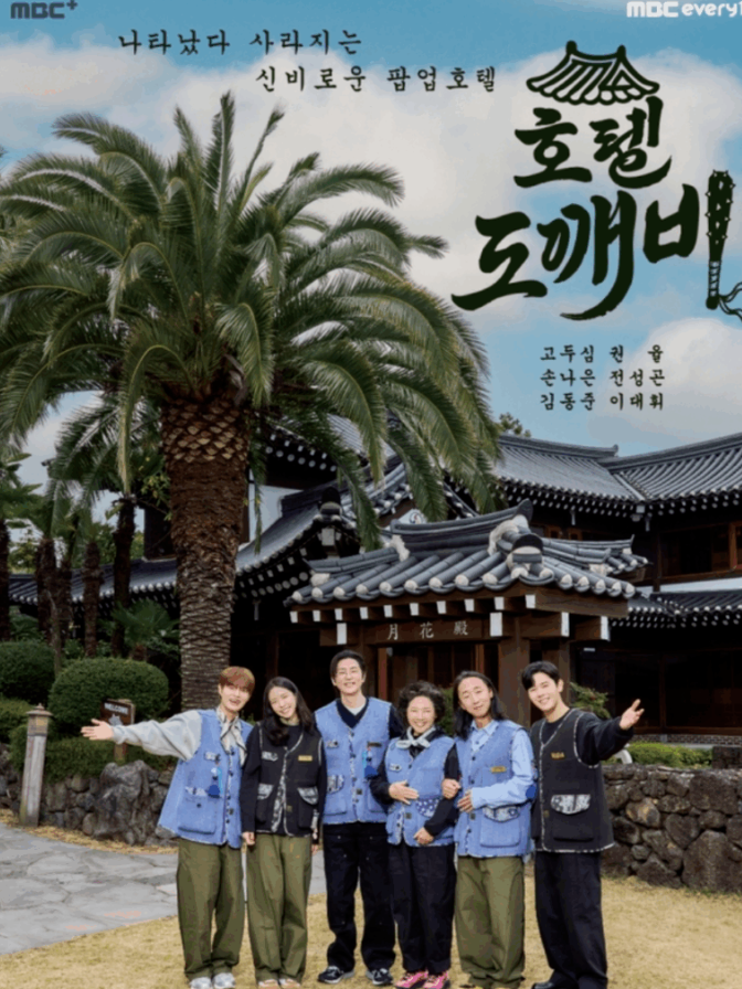 호텔 도깨비 출연진 포스터. 고두심, 권율, 손나은 등 배우들과 호텔 배경.